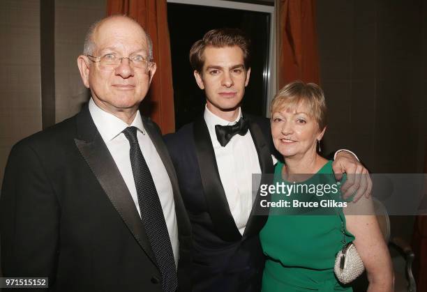 Richard Garfield, son Andrew Garfield and mother Lynn Garfield pose at the 2018 O&M Private Tony After Party at The Carlysle Hotel on June 10, 2018...