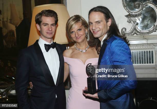 Andrew Garfield, Marianne Elliot and Jordan Roth pose at the 2018 O&M Private Tony After Party at The Carlysle Hotel on June 10, 2018 in New York...