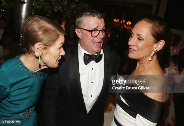 Glenda Jackson, Nathan Lane and Laurie Metcalf chat at the 2018 O&M Private Tony After Party at The Carlysle Hotel on June 10, 2018 in New York City.