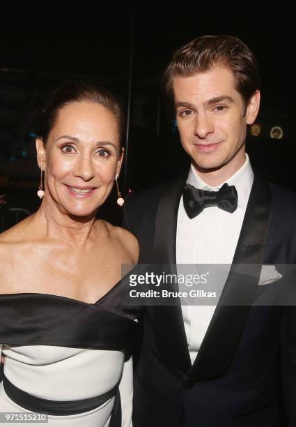 Laurie Metcalf and Andrew Garfield pose at the 2018 O&M Private Tony After Party at The Carlysle Hotel on June 10, 2018 in New York City.