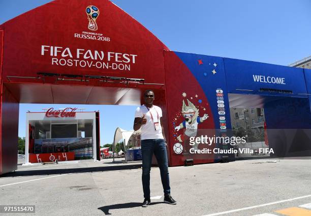 Marcel Desailly poses for a photo during the 2018 FIFA World Cup Russia Rostov Fan Festival Site Inspection at on June 11, 2018 in Rostov-on-Don,...
