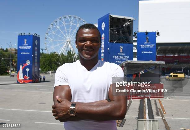 Marcel Desailly poses for a photo during the 2018 FIFA World Cup Russia Rostov Fan Festival Site Inspection at on June 11, 2018 in Rostov-on-Don,...