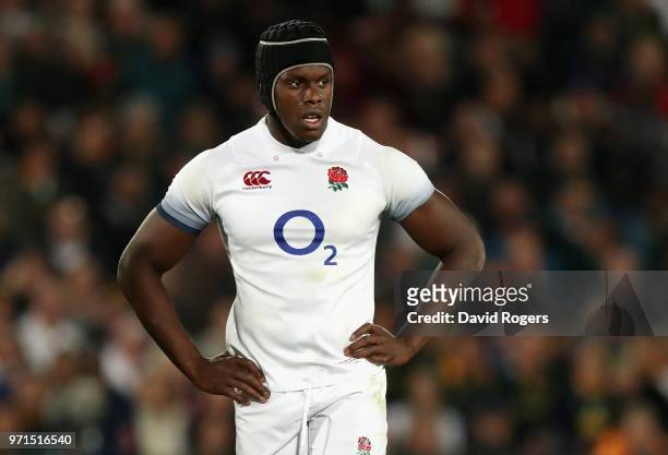 Maro Itoje of England looks on during the first test match between South Africa and England at Elllis Park on June 9, 2018 in Johannesburg, South...