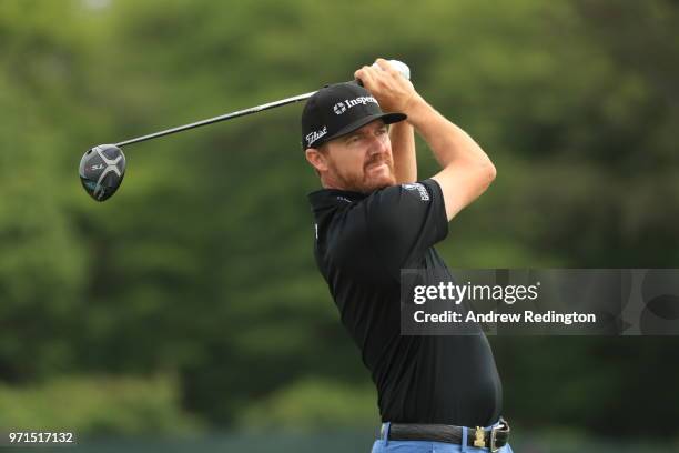 Jimmy Walker of the United States plays a shot during practice rounds prior to the 2018 U.S. Open at Shinnecock Hills Golf Club on June 11, 2018 in...