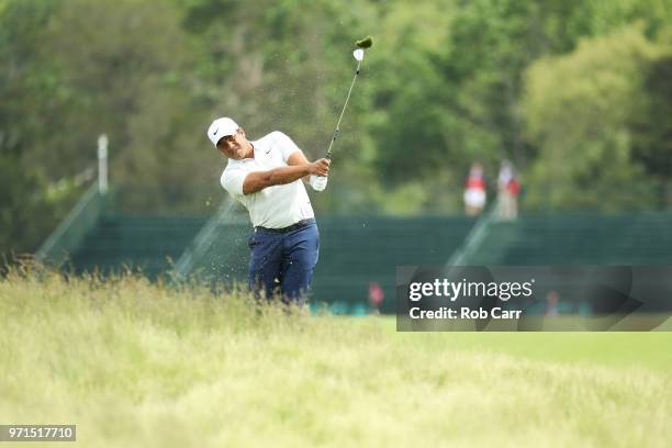 Jhonattan Vegas of Venezuela plays a shot on the 16th hole during practice rounds prior to the 2018 U.S. Open at Shinnecock Hills Golf Club on June...