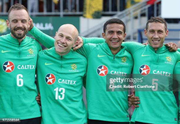 Matthew Jurman, Aaron Mooy, Tim Cahill and Mark Milligan of Australia are seen after an Australian Socceroos training session at Stadium Trudovye...
