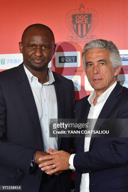 French former Arsenal and France star Patrick Vieira , world and European champion with Les Bleus, shakes hand with French L1 football club of OGC...