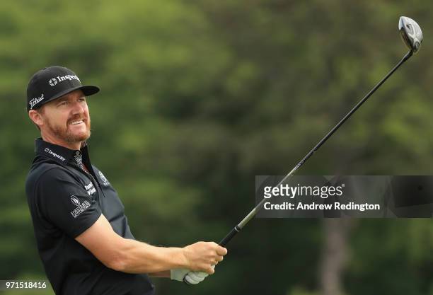 Jimmy Walker of the United States plays a shot during practice rounds prior to the 2018 U.S. Open at Shinnecock Hills Golf Club on June 11, 2018 in...