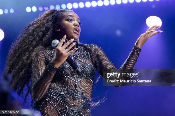 Jun 10: Iza performs live on stage at Latin America Memorial on June 10, 2018 in Sao Paulo, Brazil.