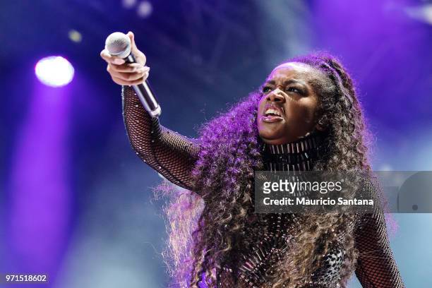 Jun 10: Iza performs live on stage at Latin America Memorial on June 10, 2018 in Sao Paulo, Brazil.