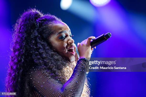 Jun 10: Iza performs live on stage at Latin America Memorial on June 10, 2018 in Sao Paulo, Brazil.