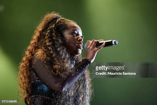 Jun 10: Iza performs live on stage at Latin America Memorial on June 10, 2018 in Sao Paulo, Brazil.