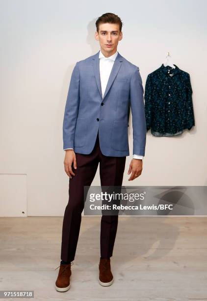 Model poses at Mr Start DiscoveryLAB during London Fashion Week Men's June 2018 at the BFC Show Space on June 11, 2018 in London, England.