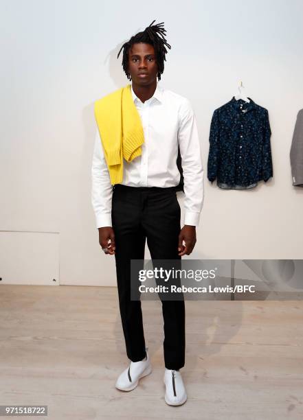 Model poses at Mr Start DiscoveryLAB during London Fashion Week Men's June 2018 at the BFC Show Space on June 11, 2018 in London, England.