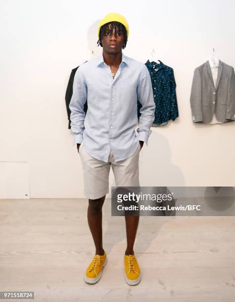Model poses at Mr Start DiscoveryLAB during London Fashion Week Men's June 2018 at the BFC Show Space on June 11, 2018 in London, England.