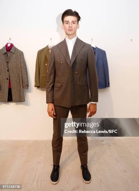 Model poses at Mr Start DiscoveryLAB during London Fashion Week Men's June 2018 at the BFC Show Space on June 11, 2018 in London, England.