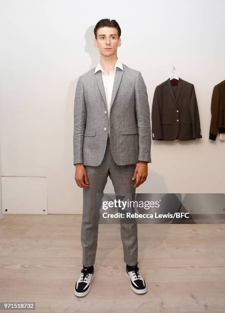 Model poses at Mr Start DiscoveryLAB during London Fashion Week Men's June 2018 at the BFC Show Space on June 11, 2018 in London, England.