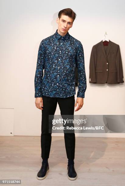 Model poses at Mr Start DiscoveryLAB during London Fashion Week Men's June 2018 at the BFC Show Space on June 11, 2018 in London, England.