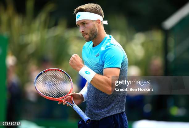 Liam Brody of Great Britain celebrates winning a point during his qualifying match against Alexander Ward of Great Britain on Day Three of the Nature...