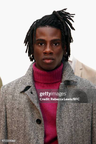 Model at the Mr Start presentation at the DiscoveryLAB during London Fashion Week Men's June 2018 at the BFC Show Space on June 11, 2018 in London,...