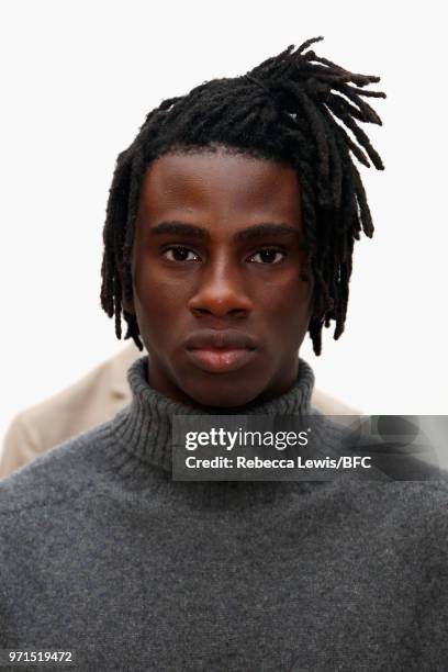 Model at the Mr Start presentation at the DiscoveryLAB during London Fashion Week Men's June 2018 at the BFC Show Space on June 11, 2018 in London,...