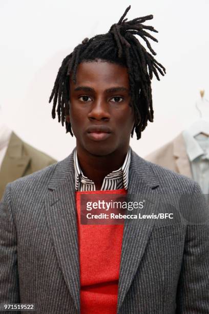 Model at the Mr Start presentation at the DiscoveryLAB during London Fashion Week Men's June 2018 at the BFC Show Space on June 11, 2018 in London,...