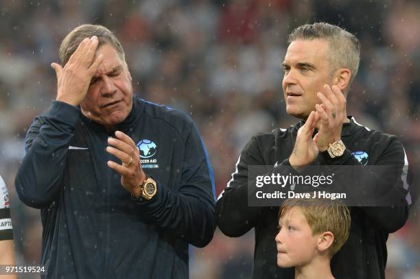 Sam Allardyce and Robbie Williams during Soccer Aid for Unicef 2018 at Old Trafford on June 10, 2018 in Manchester, England at Old Trafford on June...