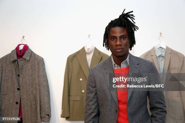 Model at the Mr Start presentation at the DiscoveryLAB during London Fashion Week Men's June 2018 at the BFC Show Space on June 11, 2018 in London,...