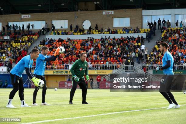 Brad Jones of Australia warms up with team mates during an Australian Socceroos training session ahead of the FIFA World Cup 2018 in Russia at...