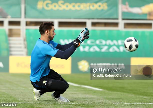 Brad Jones of Australia makes a save during an Australian Socceroos training session ahead of the FIFA World Cup 2018 in Russia at Stadium Trudovye...