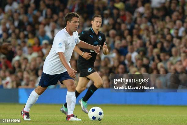 Michael Owen in action during Soccer Aid for Unicef 2018 at Old Trafford on June 10, 2018 in Manchester, England at Old Trafford on June 10, 2018 in...