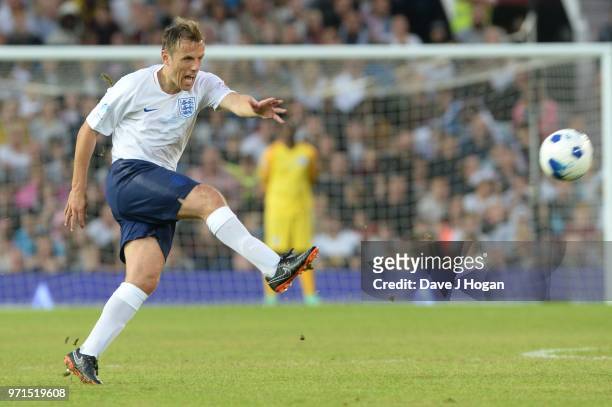 Phil Neville in action during Soccer Aid for Unicef 2018 at Old Trafford on June 10, 2018 in Manchester, England at Old Trafford on June 10, 2018 in...