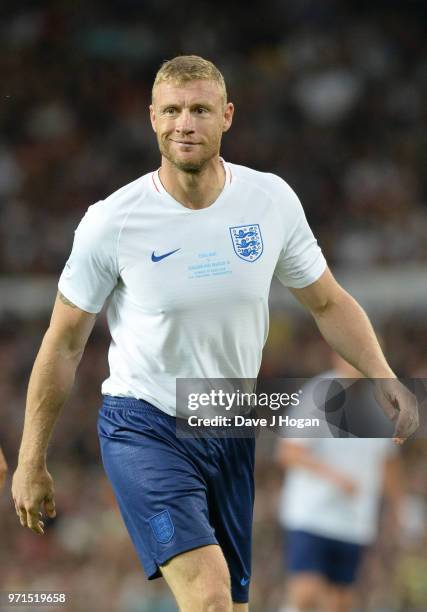 Andrew Flintoff during Soccer Aid for Unicef 2018 at Old Trafford on June 10, 2018 in Manchester, England at Old Trafford on June 10, 2018 in...