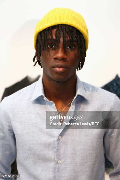 Model at the Mr Start presentation at the DiscoveryLAB during London Fashion Week Men's June 2018 at the BFC Show Space on June 11, 2018 in London,...