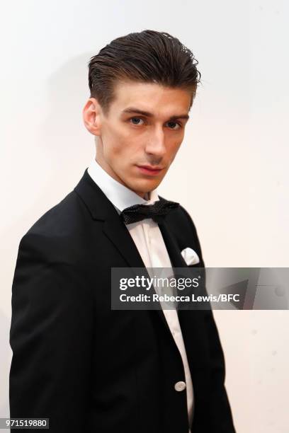 Model at the Mr Start presentation at the DiscoveryLAB during London Fashion Week Men's June 2018 at the BFC Show Space on June 11, 2018 in London,...