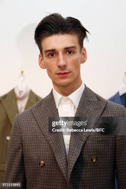 Model at the Mr Start presentation at the DiscoveryLAB during London Fashion Week Men's June 2018 at the BFC Show Space on June 11, 2018 in London,...