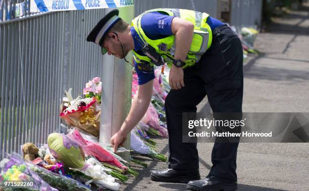 Lays floral tributes at the scene on Brithweunydd Road in Trealaw where 4-year-old Amelia Brooke Harris was found dead on June 11, 2018 in Merthyr...