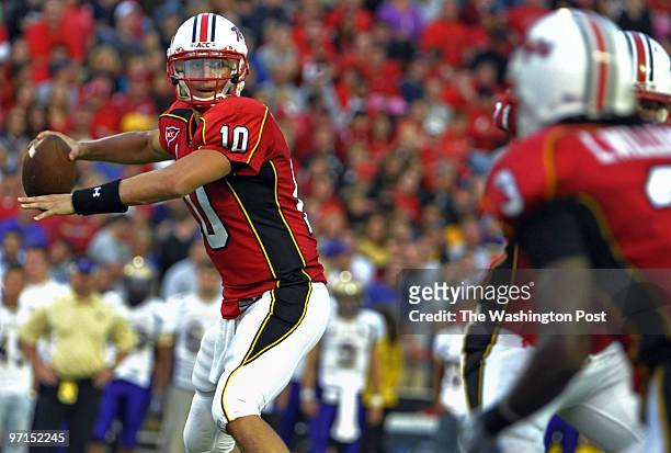 Maryland's football home opener vs. James Madison. Maryland's QB Chris Turner looks downfield to pass during his teams game against JMU.