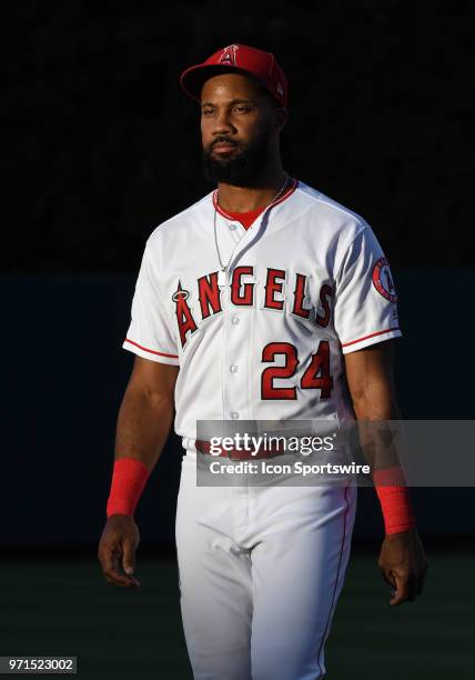 Los Angeles Angels of Anaheim outfielder Chris Young on the field before a game against the Texas Rangers played on June 1, 2018 at Angel Stadium of...