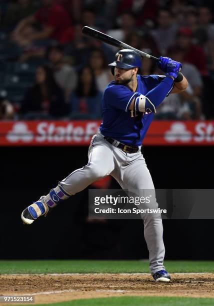 Texas Rangers left fielder Joey Gallo during an at bat in the ninth inning of a game against the Los Angeles Angels of Anaheim played on June 1, 2018...