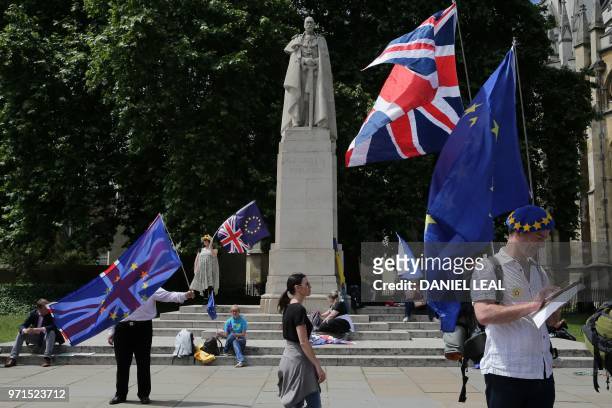 Pro-EU demonstrators wave flags as they protest against Brexit, near a statue of King George V, opposite the Houses of Parliament in central London...
