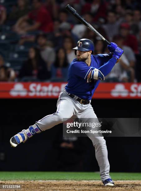 Texas Rangers left fielder Joey Gallo during an at bat in the ninth inning of a game against the Los Angeles Angels of Anaheim played on June 1, 2018...