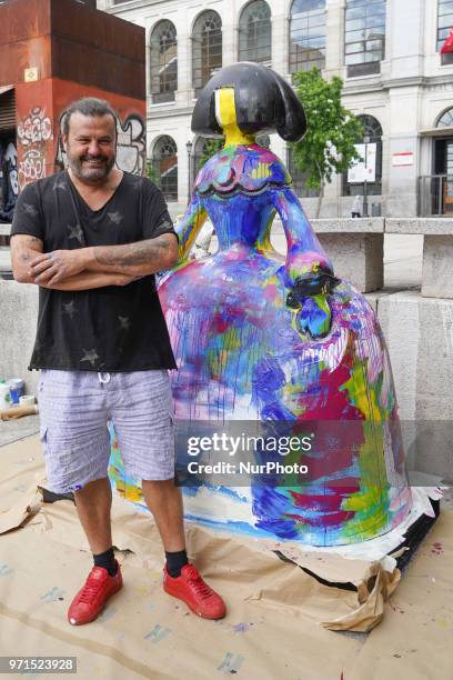 The artist Domingo Zapata restores his artwork, the menina 'La vida es sueno', in front of Queen Sofia Museum on June 11, 2018 in Madrid, Spain. This...