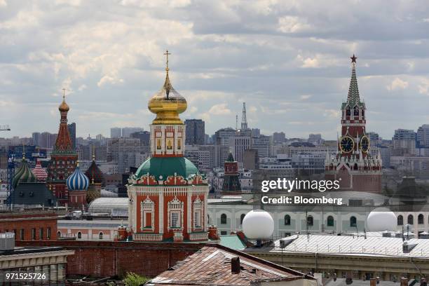 St Basil's cathedral, left, and the Spasskaya tower, right, stand on the city skyline in Moscow, Russia, on Saturday, June 9, 2018. FIFA expects more...