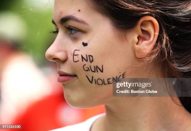 Emily Weinberg a speaker at the program, is pictured at a Rally for Gun Violence Prevention hosted by Lexington Says #Enough on Battle Green in...