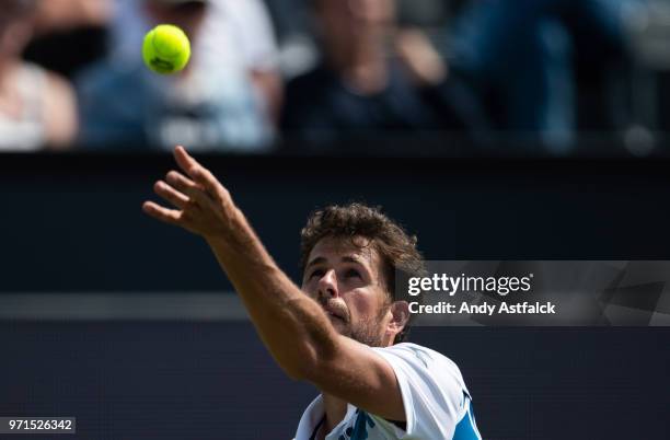 Robin Haase of the Netherlands serves against against Ivo Karlovic of Croatia during Day One of the Libema Open 2018 on June 11, 2018 in Rosmalen,...