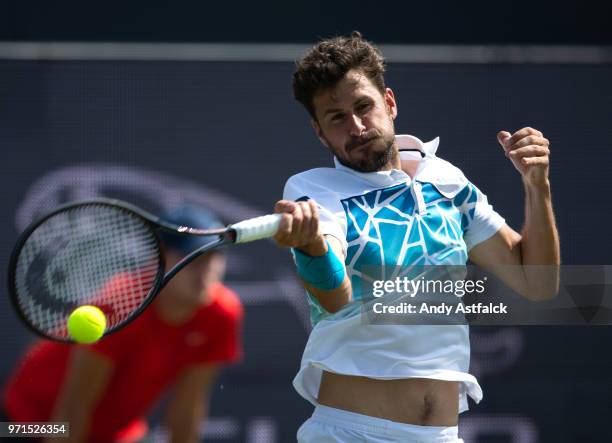 Robin Haase of the Netherlands hits a forehand against Ivo Karlovic of Croatia during Day One of the Libema Open 2018 on June 11, 2018 in Rosmalen,...