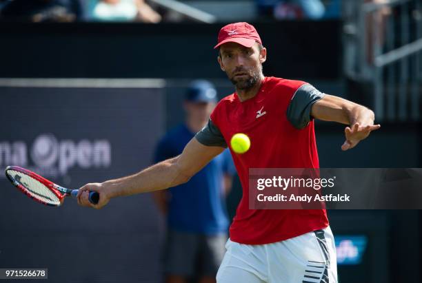 Ivo Karlovic of Croatia hits a forehand against Robin Haase of the Netherlands during Day One of the Libema Open 2018 on June 11, 2018 in Rosmalen,...