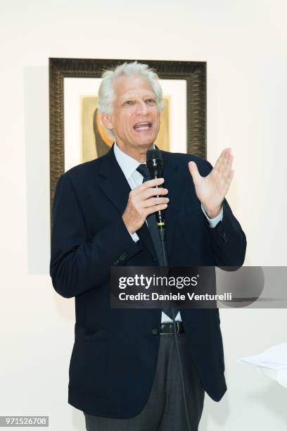 Dominique de Villepin attends Wilfredo Lam 'Nouveau Nouveau Monde' Exhibition Opening Hosted by the Lam Family at Galerie Gmurzynska on June 9, 2018...