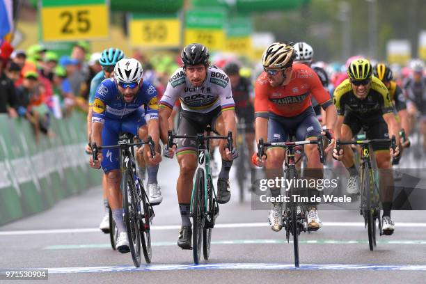 Sprint / Arrival / Sonny Colbrelli of Italy and Bahrain Merida Pro Team / Celebration / Fernando Gaviria of Colombia and Team Quick-Step Floors /...